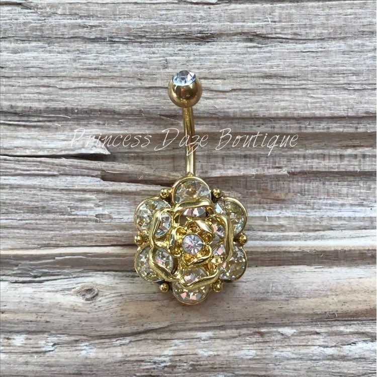 Gold Diamond Flower Belly Button Ring